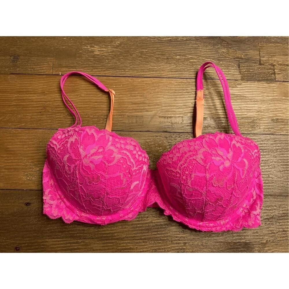 Victorias Secret PINK 32D pink orange push-up bra lace